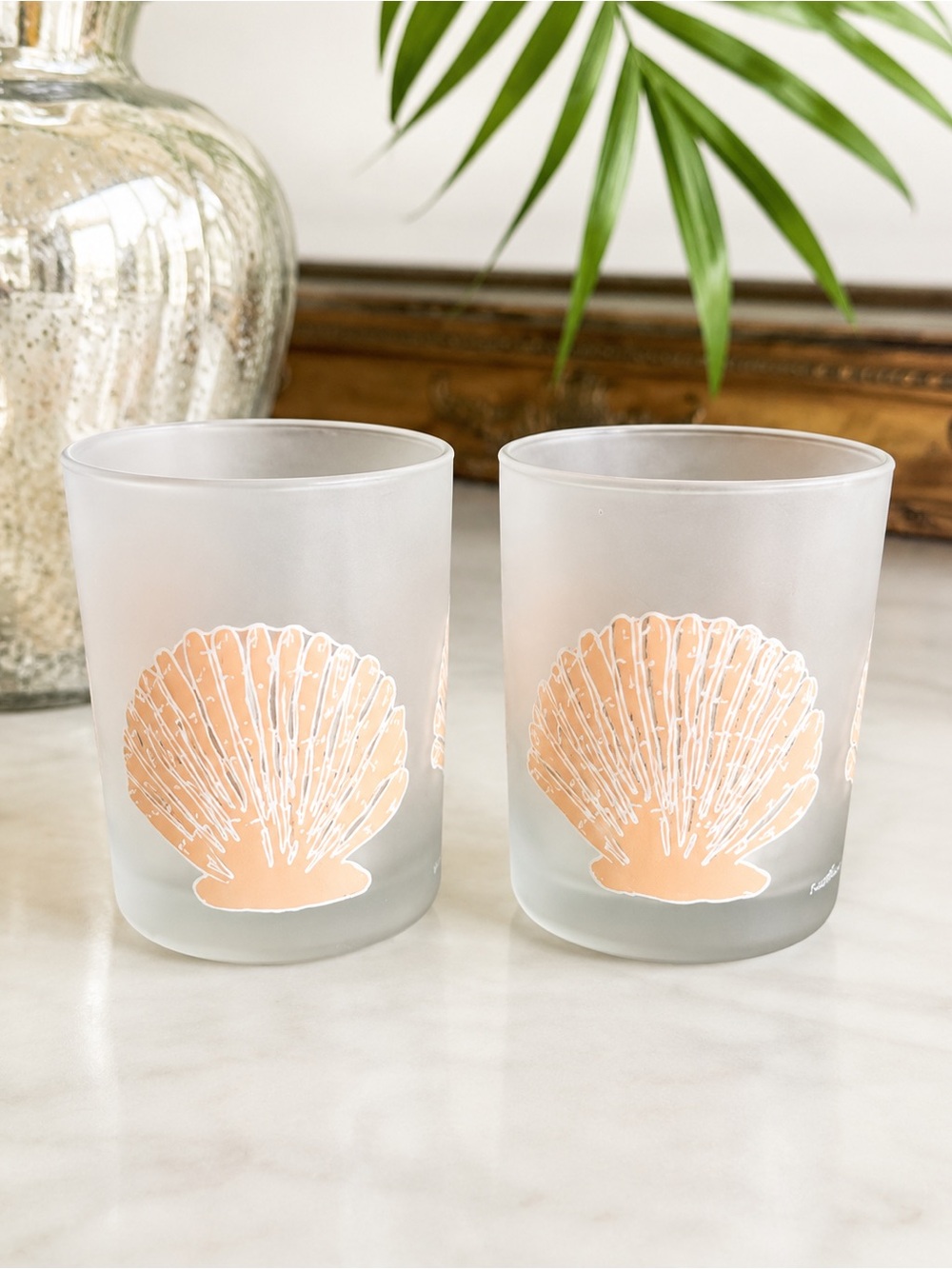 2 Vintage Culver MCM Frosted Pink Sea Shells Tumblers Glasses Cups